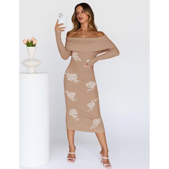 Merokeety Women's Khakiwhite Off Shoulder Long Sleeve Elegant Bodycon Midi Dress - Picture 3 of 9